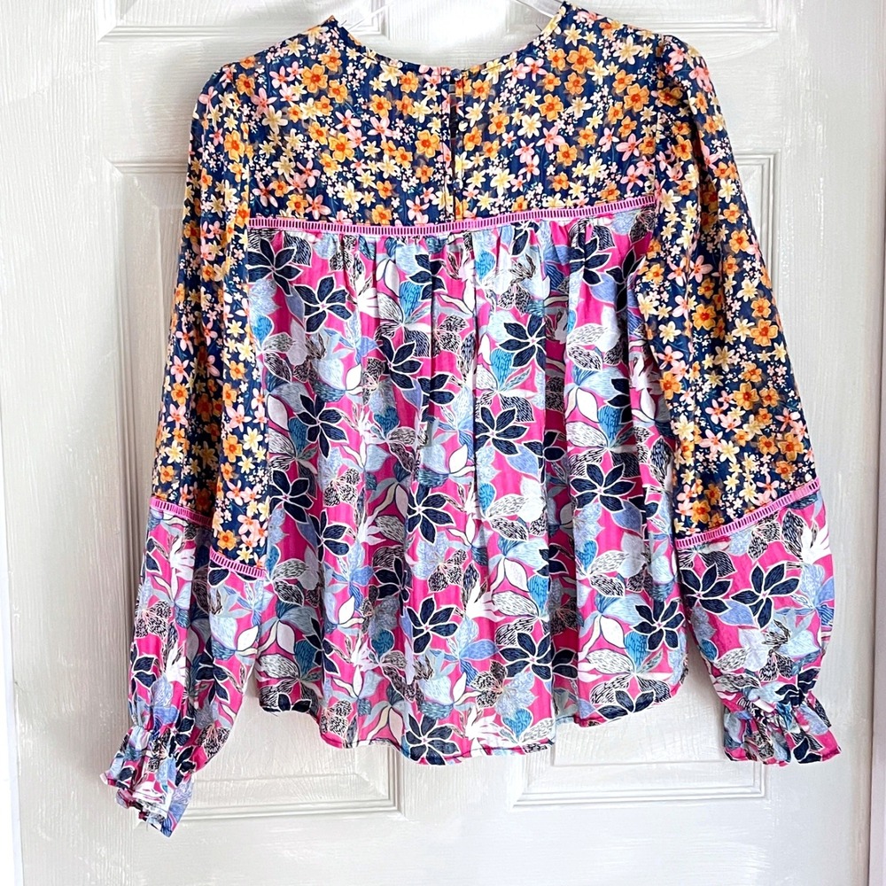 Fate Floral Blouse Small Women Mixed Print Ruffle Sleeve Boho Pink Multi Peasant